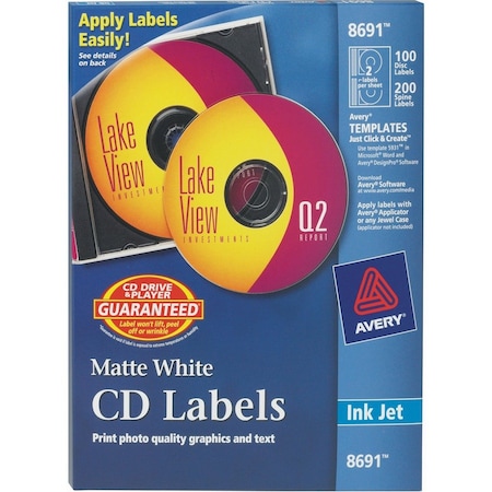 Avery CD Labels, Inkjet Matte, 100/PK, White 100PK AVE8691